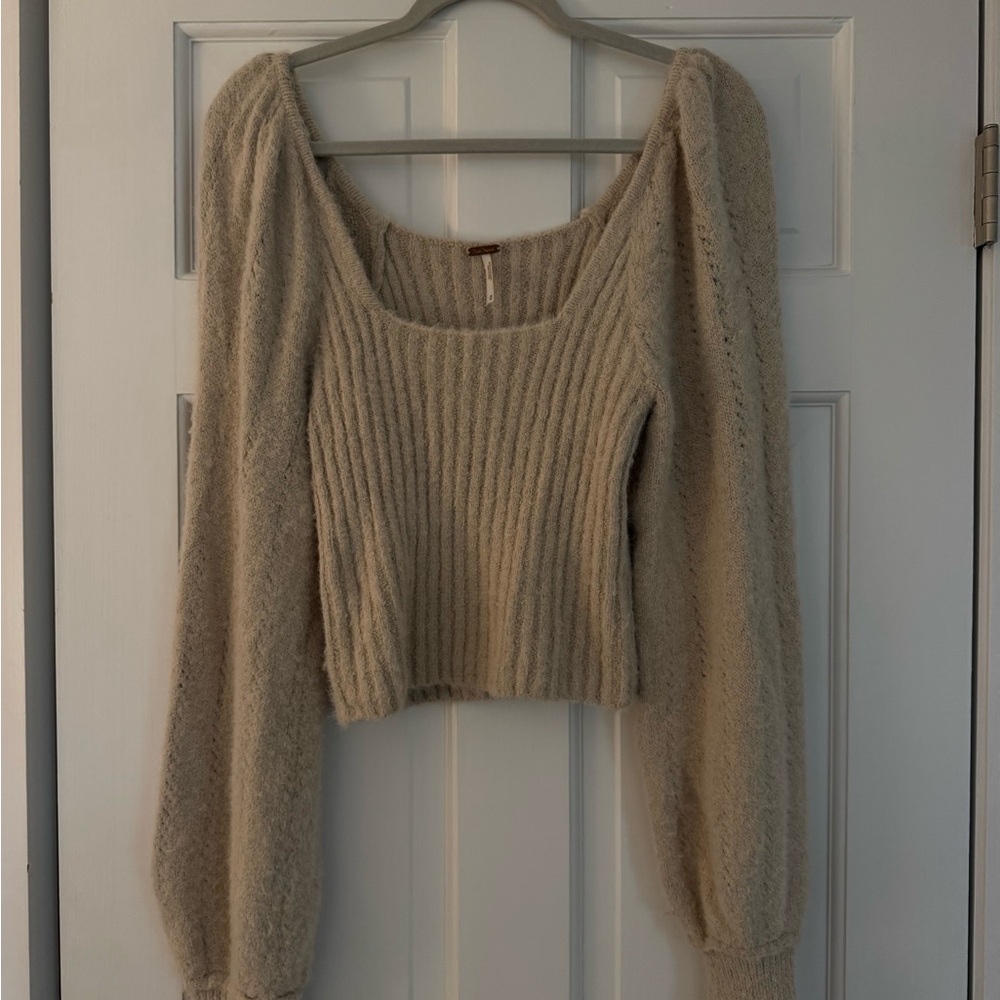 Free People Cream Crew Neck Cropped Sweater